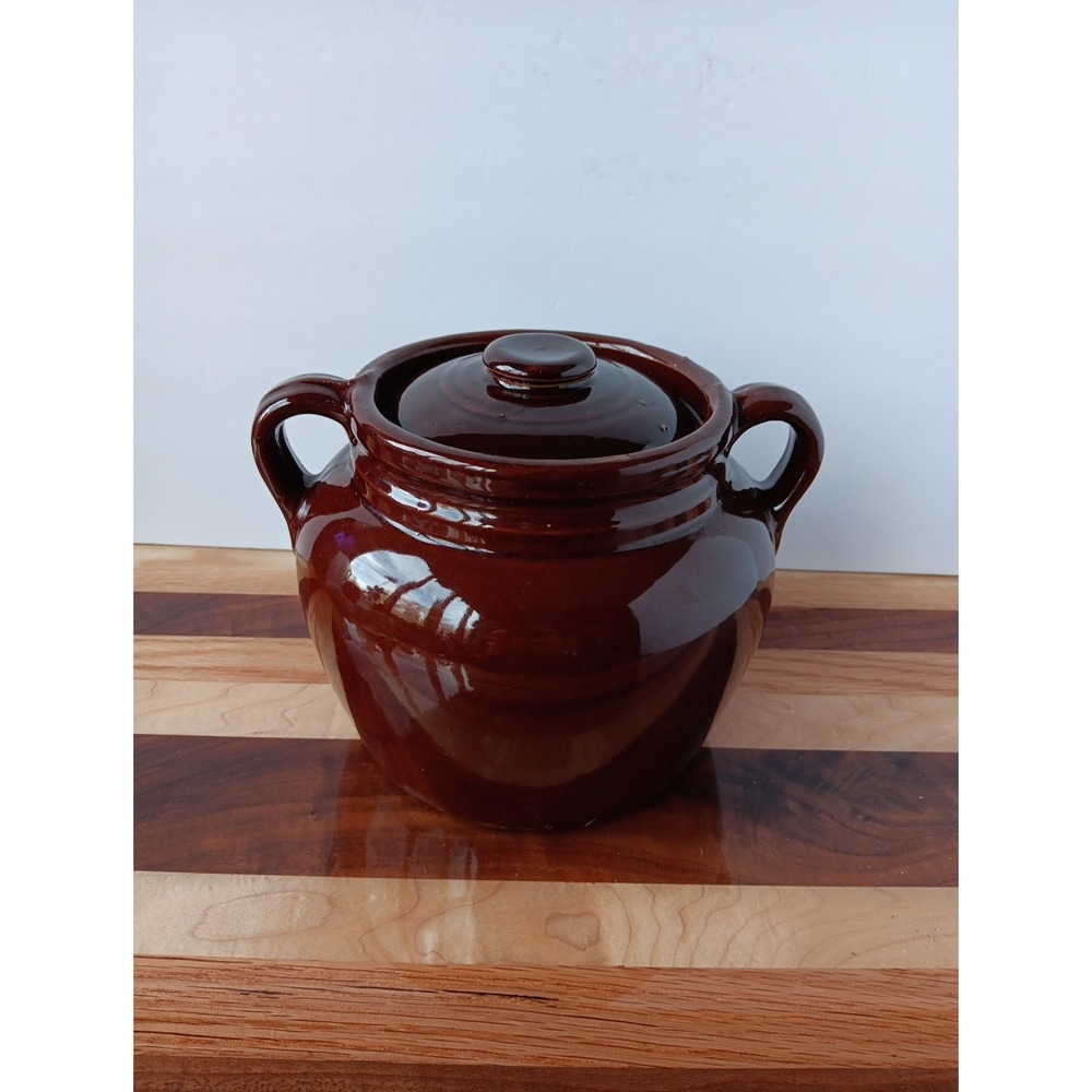 Vintage Brown Glaze Stoneware Crock Bean Pot With Handles and Lid Pottery USA